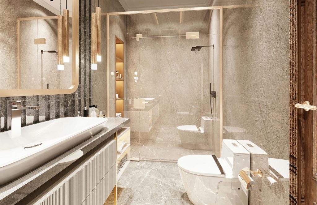 Anspruchsvolles Baddesign mit eleganten Armaturen und Marmoroberflächen.